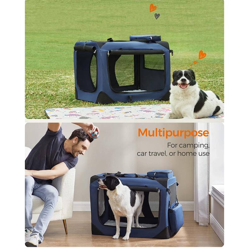 Metal Frame Oxford Fabric Foldable Soft Pet Carrier with Mesh Windows and Side Pockets