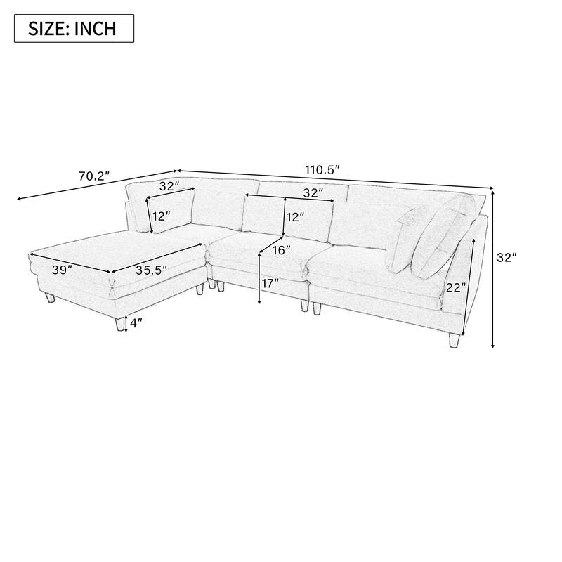 Modern Modular Sectional Sofa with Removable Ottoman, 4 Seater Sofa Set with 5 Pillows, Convertible L-Shaped Sofa