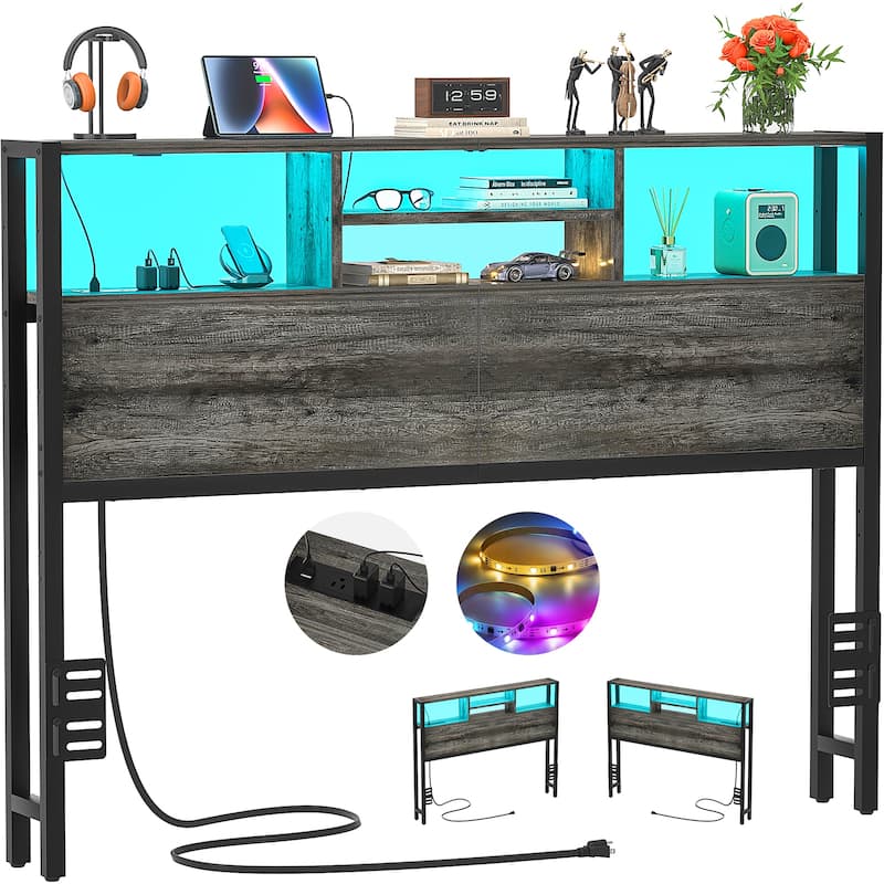 Headboard with Storage and Charge Station, Platform Bed Heaboard with LED Lights