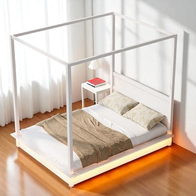 Queen/King White Wood Canopy Platform Bed with LED Lights and Slats, Modern Bedroom Frame No Box Spring Needed