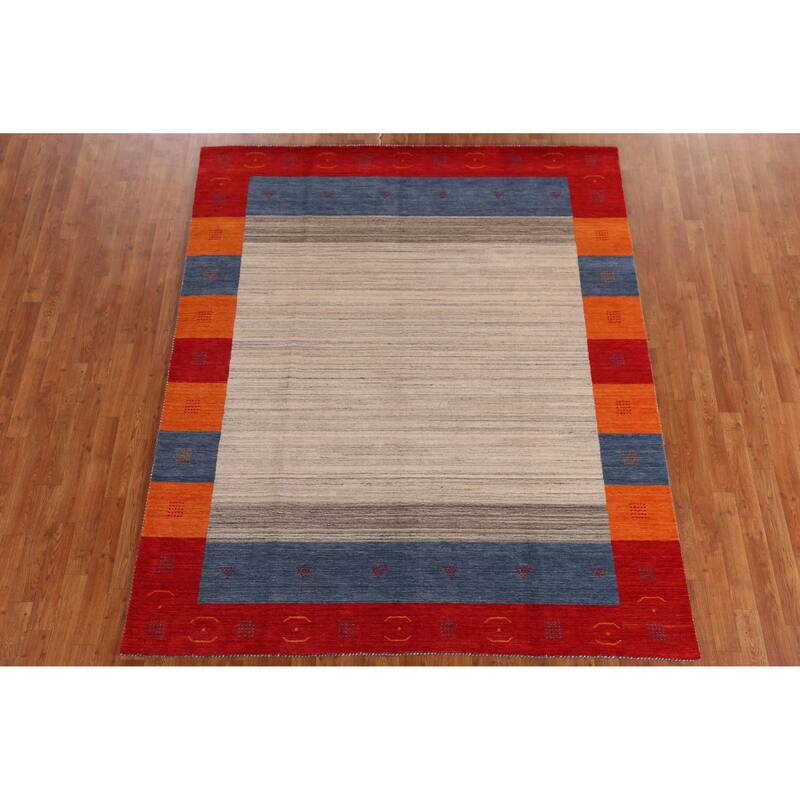 Hand Knotted Oriental 100% Wool Carpet Tribal Bordered Beige & Ivories Gabbeh Area Rug - 7' 11'' X 6' 6''