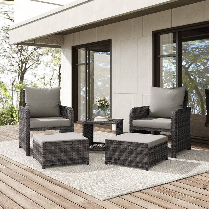 5-Piece PE Rattan Outdoor Patio Set with 2 Chairs, 2 Ottomans, Coffee Table - PE GRAY-Gray