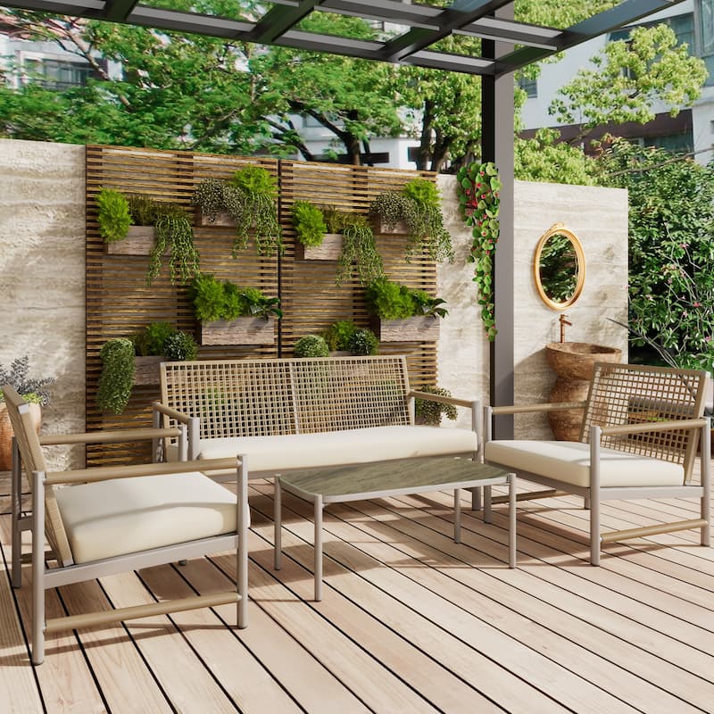 4 Pieces Patio Furniture Set, PE Rattan Wicker 4 Pcs Outdoor Sofa Set w/Washable Cushion