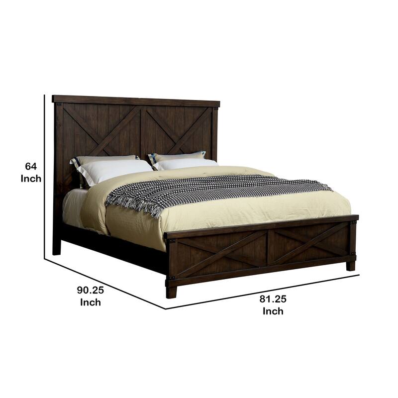 California King Bed with Plank Style X Shaped Details, Dark Brown