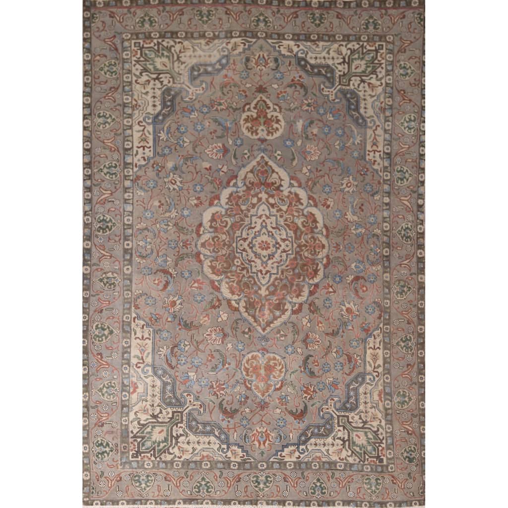 Gray Tabriz Persian Vintage Area Rug Handmade Floral Wool Carpet - 7'1"x 10'8"