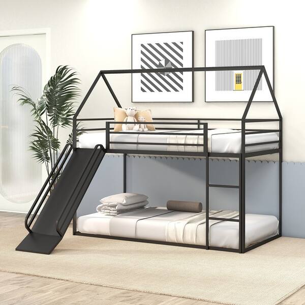 slide 2 of 25, Twin over Twin House Bunk Bed with Convertible Slide, Ladder and Safety Guardrail