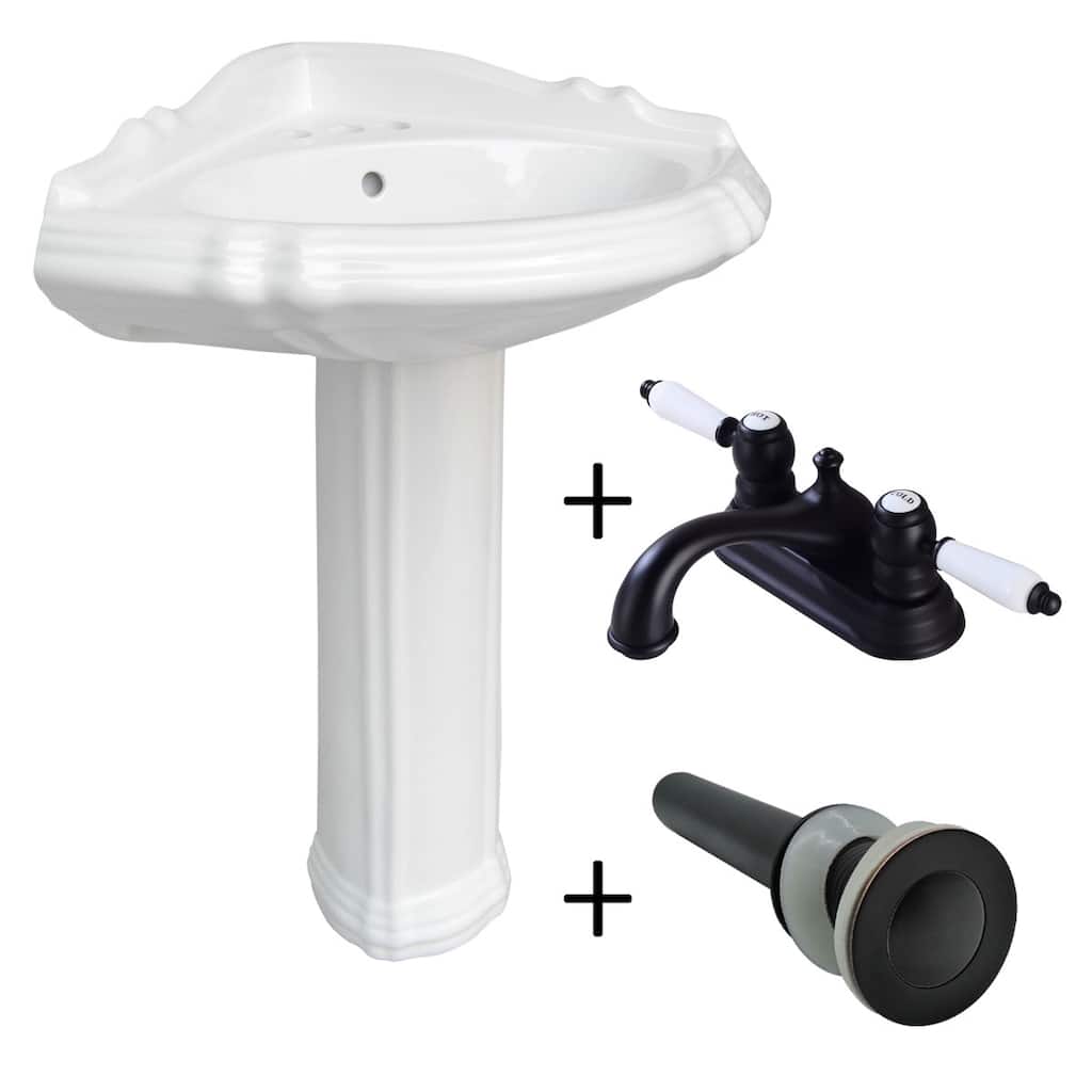 Sheffield White Corner Pedestal Sink 26 in. Porcelain Sink with 4 in. Black Centerset Faucet and Sink Drain