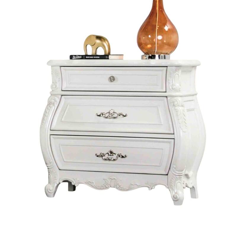 Traditional Nightstand - White Finish with Carved Detail & Dustproof Drawers