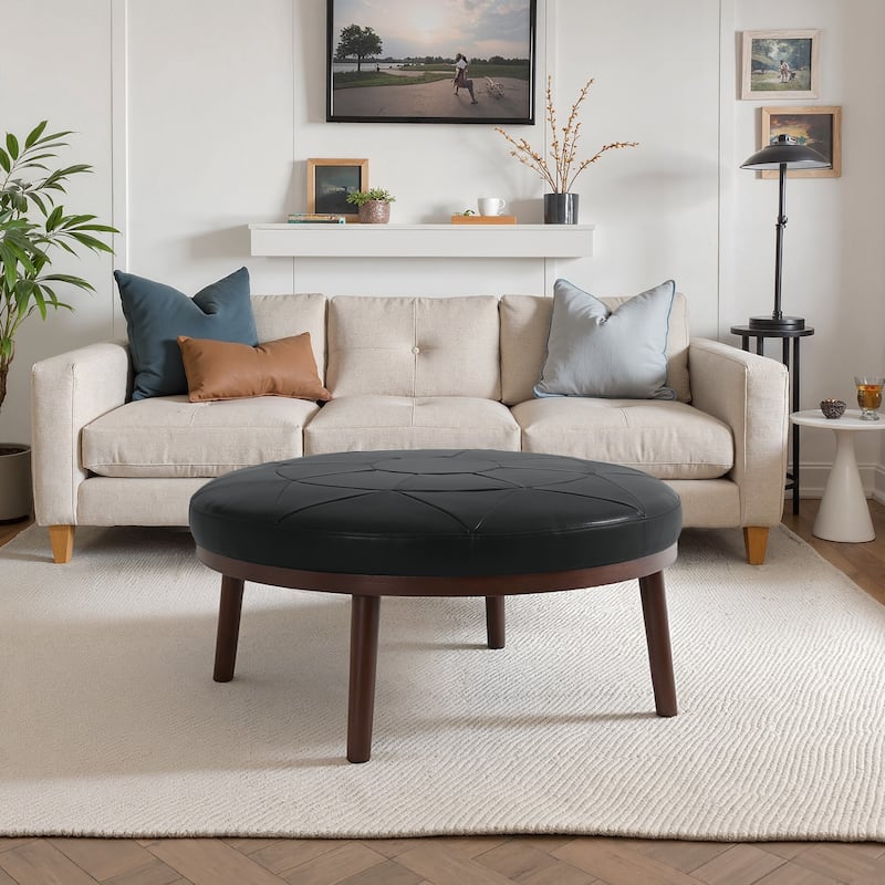 UIXE Full Grain Genuine Italian Leather Round Ottoman Modern Oversize Side Tble
