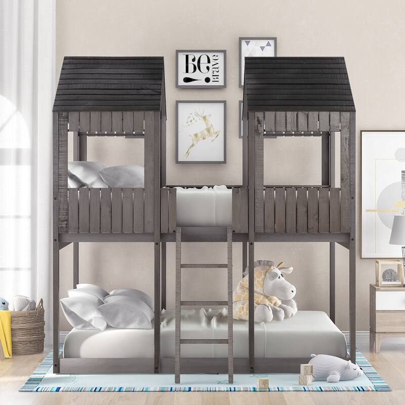 Full Over Full Wood Bunk Bed with Roof, Window, Guardrail, and Ladder in Antique Gray