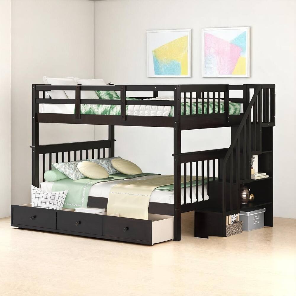 Full Size Bunk Bed with Storage Stairs and Drawers, Convertible into Two Beds, Guard Rails, Pine Wood Frame