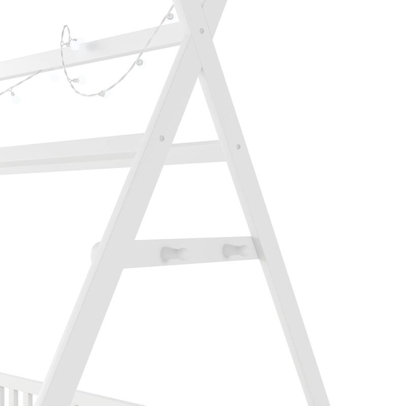 Twin House Bed with Light, Low Floor Design, Fence and Roof for Kids, White