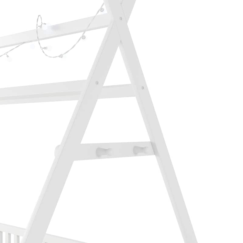 Twin House Bed with Light, Low Floor House Bed with Fence & Roof for Kids Boys Girls - White