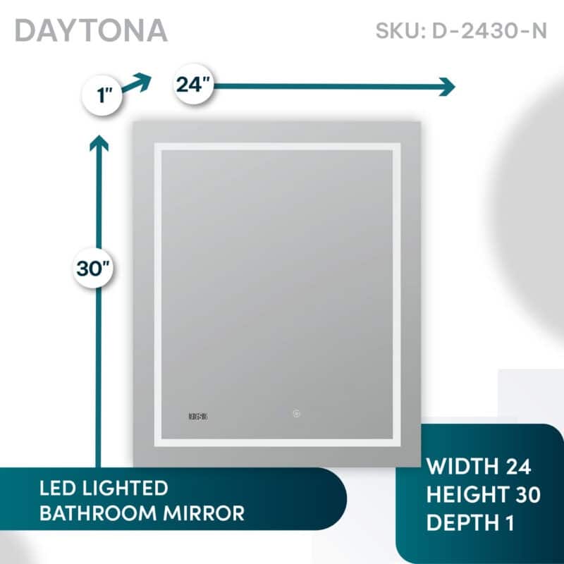 AQUADOM Daytona 24" Led Lighted Mirror for Bathroom Defogger, Digital Clock - 24"x30"x1"