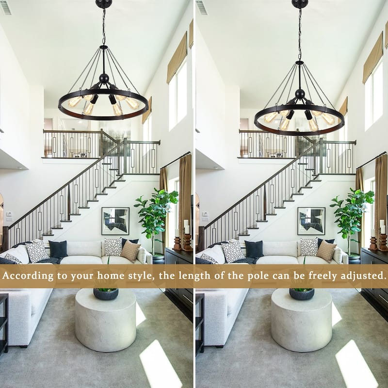 6-Light Modern Wagon Wheel Chandelier with Adjustable Chain for Study Foyer Kitchen Island