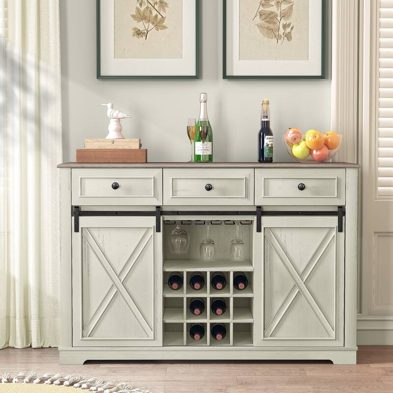 54" Farm Style Wood Buffet Bar Cabinet w/Wine & Glass Rack - White