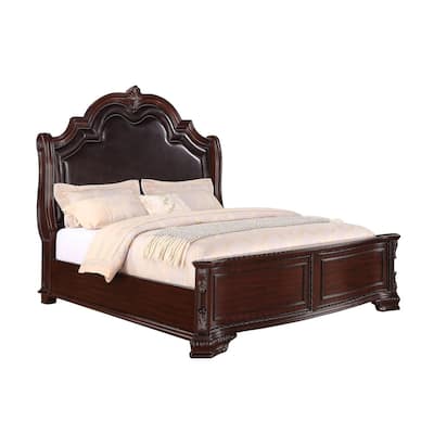 Chef Queen Size Bed, Carved, Faux Leather Upholstery, Dark Brown Wood