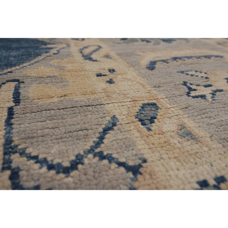 Blue Geometric Oushak Large Rug Hand-Knotted Wool Carpet - 9'10"x 13'10"