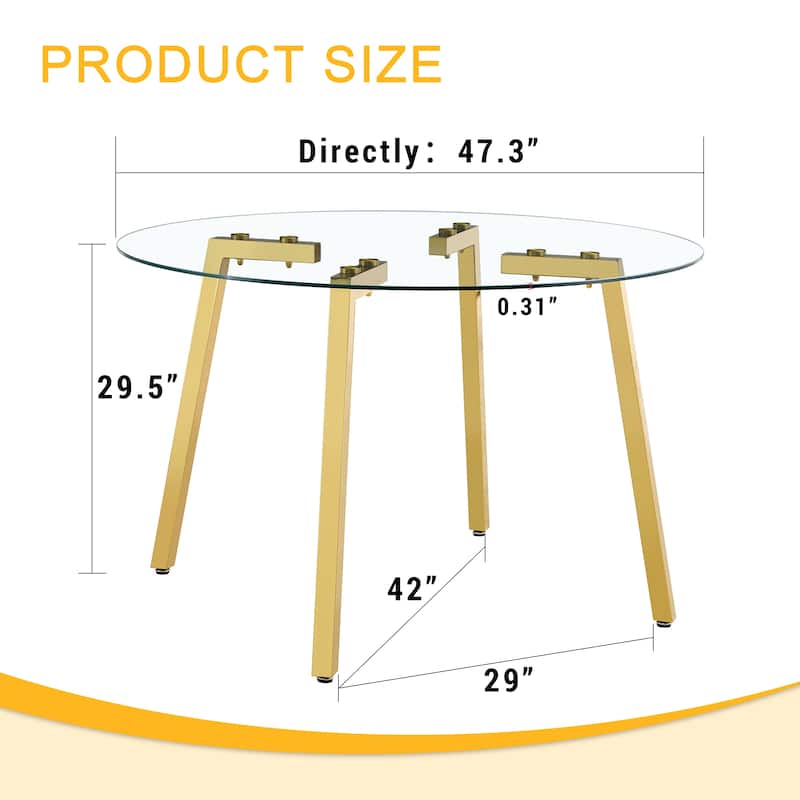 Roomfitters Round Glass Dining Table with Gold 7-Shaped Metal Legs for Dining, Office or Coffee Space, Gold