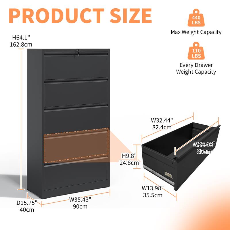 5 Drawer Metal Lateral File Cabinet - Black