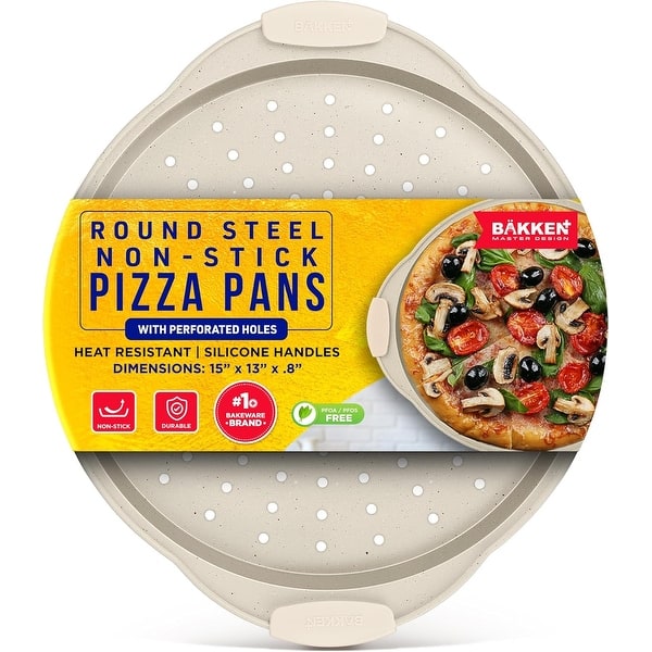 slide 2 of 8, Bakken Pizza Baking Pan - Round Perforated Carbon Steel Pan with Non-Stick Marble Coating, Dishwasher Safe, 1 pack