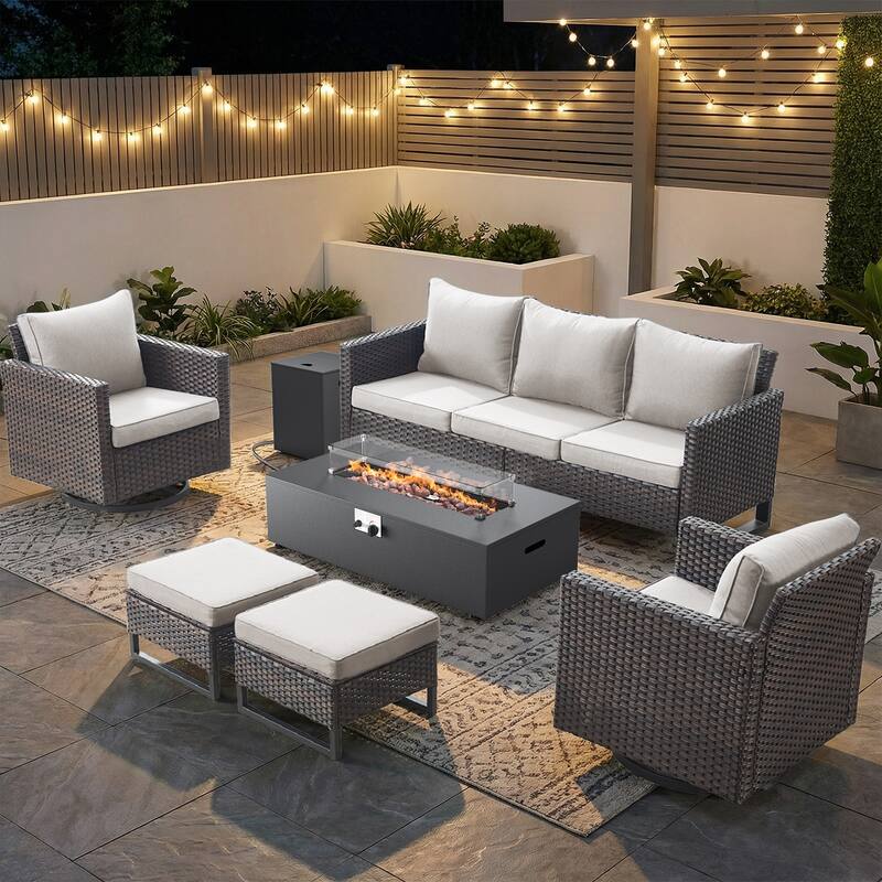 Pocassy Patio 5/7PCS Sofa Swivel Chair Ottoman with Fire Pit Table - Brown Wicker Beige Cushion - 7-Piece Sofa Swivel Chair Ottoman with Fire Table