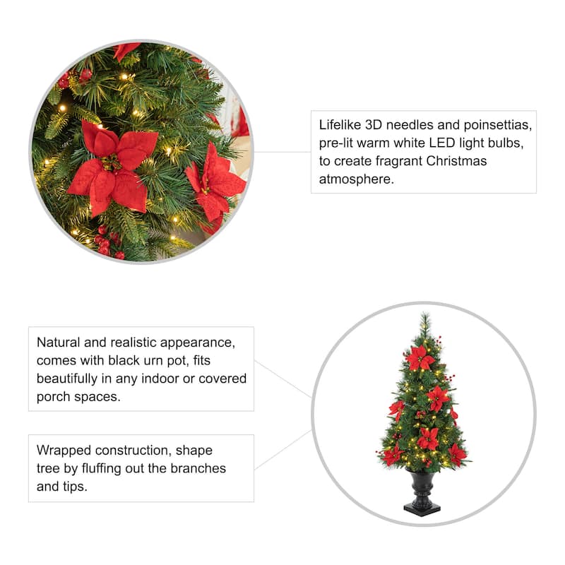 Glitzhome 4ft/5ft Pre-Lit Pine Artificial Christmas Potted Porch Trees with Warm White Lights and Poinsettia
