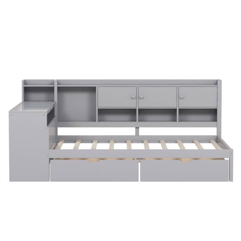 Wooden Daybed with 2 Storage Drawers and Study Desk, Twin/Full Size Daybed Frame Sofa Bed with Storage Shelves and Cabinets