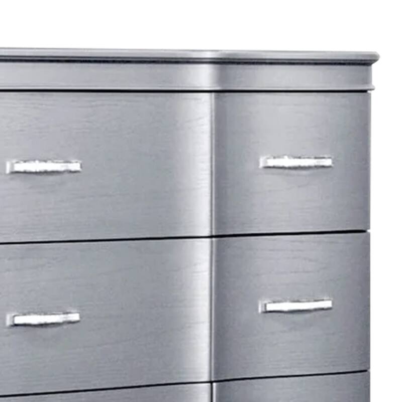 Eleena 6 Drawer Wide Dresser, Silver Solid Wood Frame, Acrylic Handles
