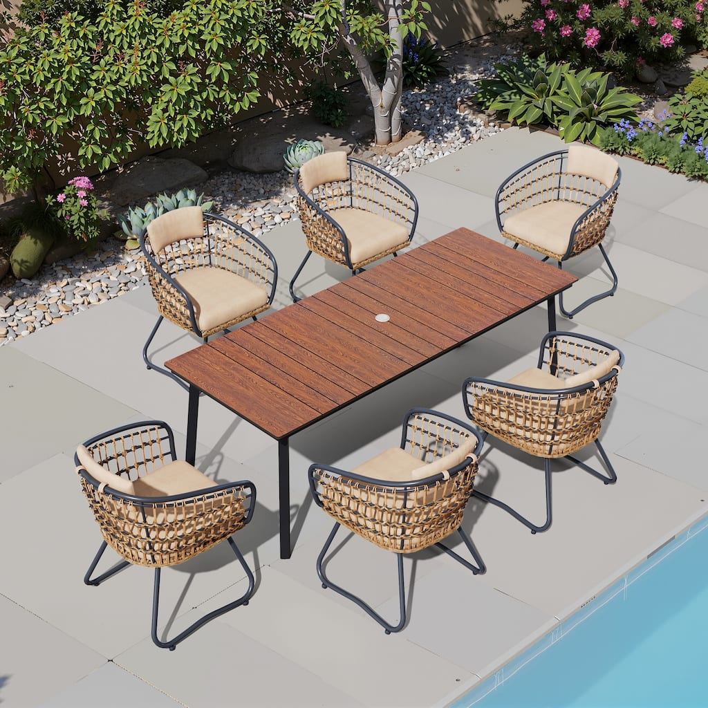 7PC Outdoor Patio Dining Set With Umbrella Hole Table Rattan Chairs