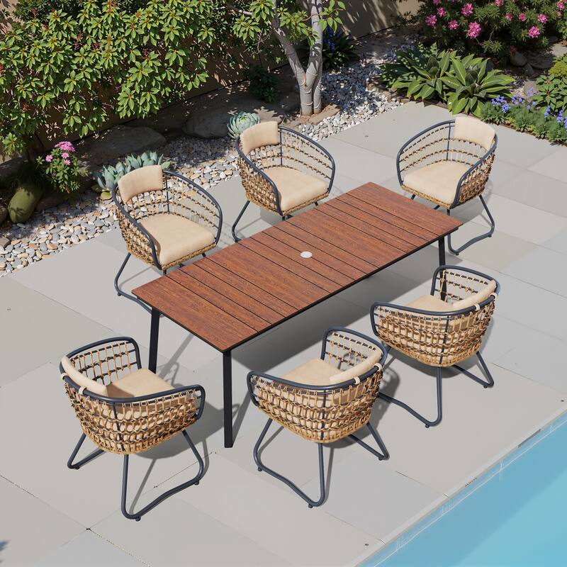 7PC Outdoor Patio Dining Set With Umbrella Hole Table Rattan Chairs - Walnut-Table&Beige-Chairs