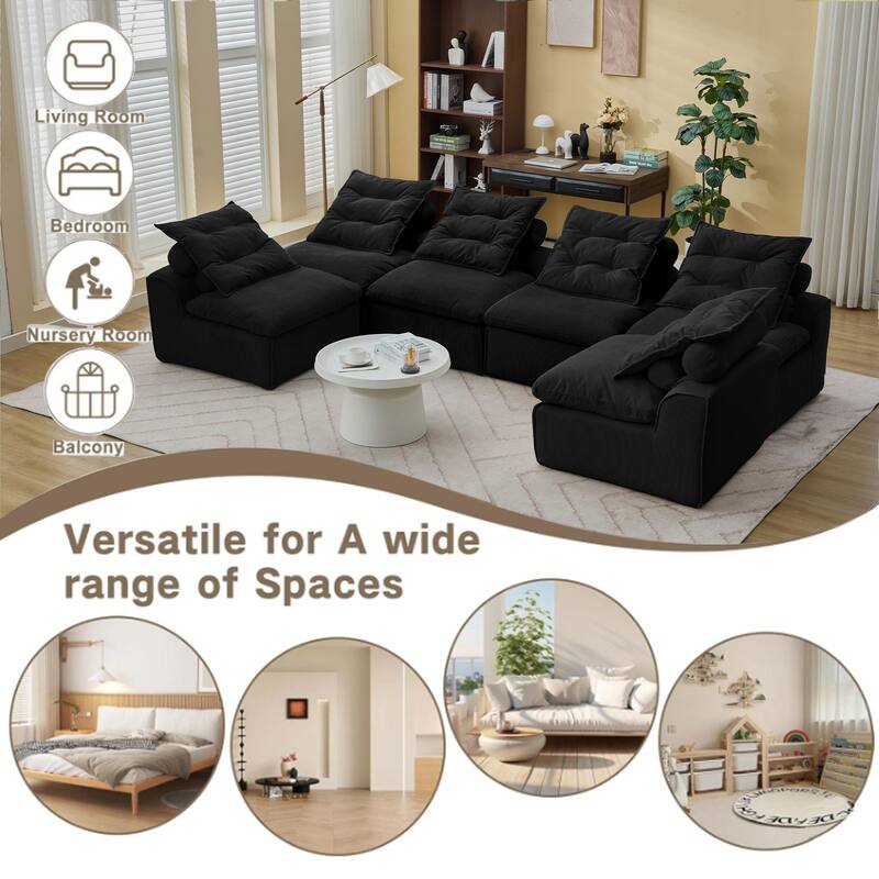 U Shaped Modular Couch for Living Room, 132" Corduroy Upholstered Sofa, Modern Neck Pillow-Back Lounge Couches
