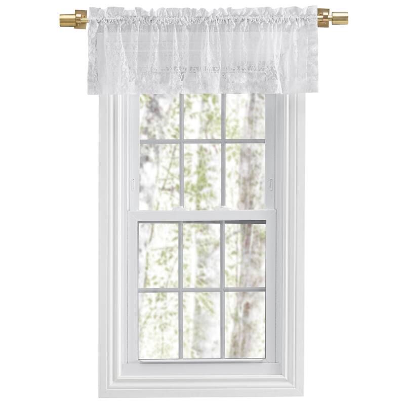 Woven Lace Elegant Sheer Rod Pocket W header Valance - White