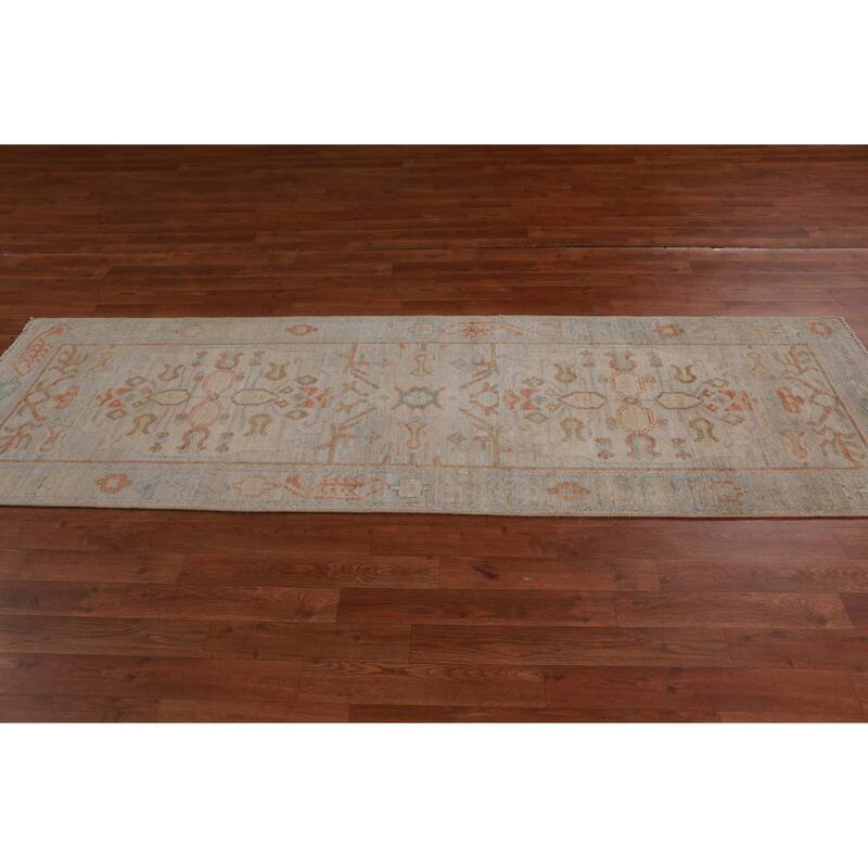 Hand Knotted Oriental 100% Wool Carpet Transitional Geometric Beige & Ivories Oushak Runner Rug - 8' 2'' X 2' 8''