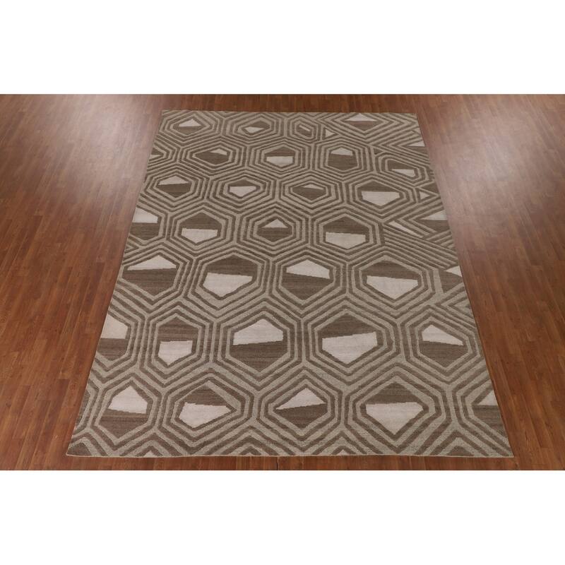 Geometric Modern Oriental Area Rug Handmade Beige Wool Carpet - 9'0" x 11'8"