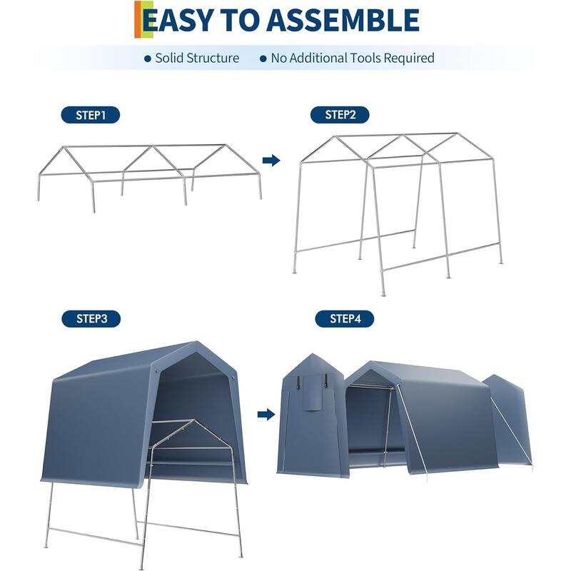 Outdoor Storage Shed, Portable Carport with Roll-Up Ventilated Zipper Door and Windows, Heavy Duty Waterproof Tarp