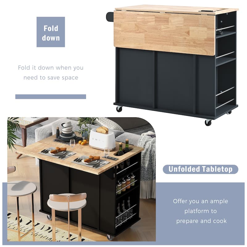 Kitchen Cart with Power Outlet,Open Storage Shelves and Wine Rack,5 Wheels,Drop Leaf and Rubber Wood