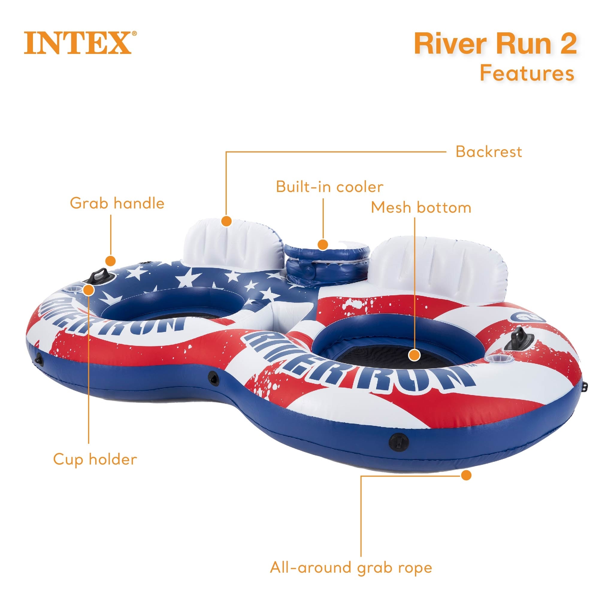 Intex Inflatable American Flag Double Tube Pool Float with Cooler