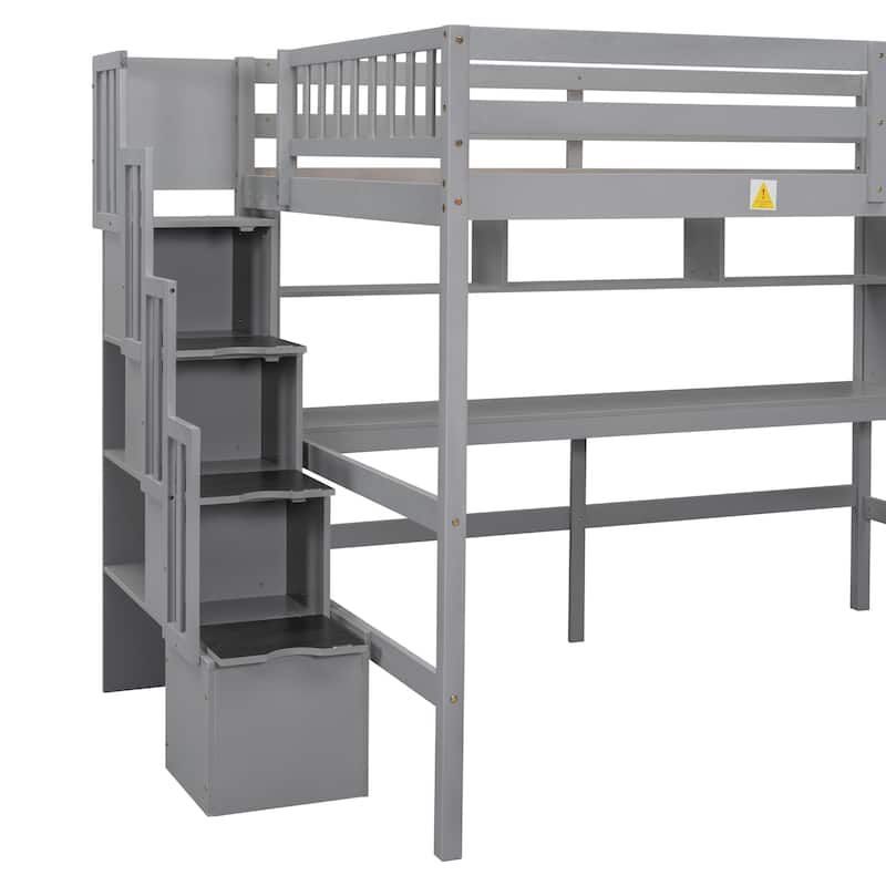 Full Size Loft Bed with Desk, Storage Shelves, and Staircase in Grey