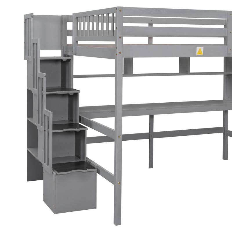 Full Size Loft Bed with Display Stand Desk Underneath, Wood High Loft Bed Frame with Storage Staircase and Storage Shelves