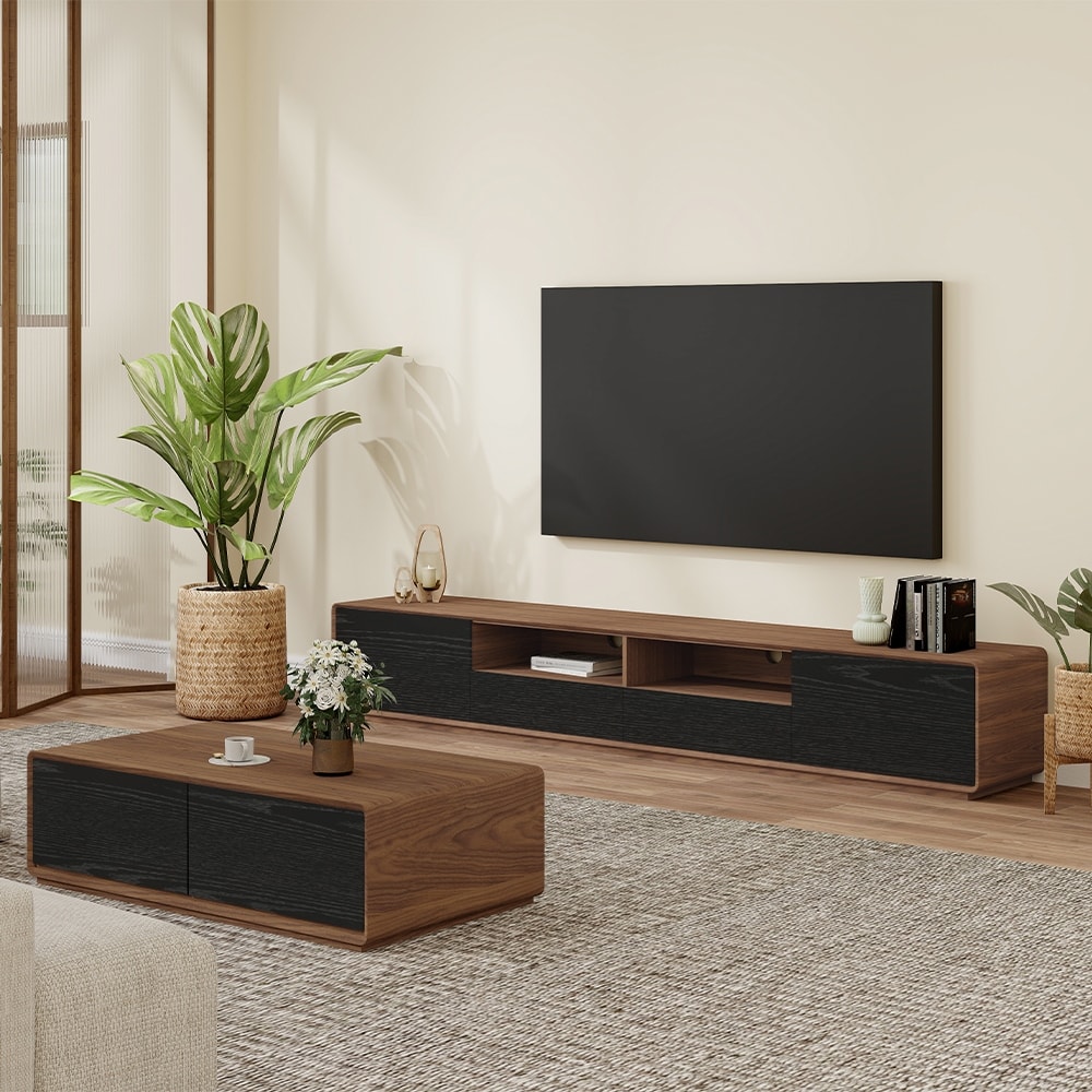 Modern Wood TV Stand, Lowline TV Console With Drawers, Open Storage, Cabinet,  Walnut Veneer, Fully-Assembled, 78/98