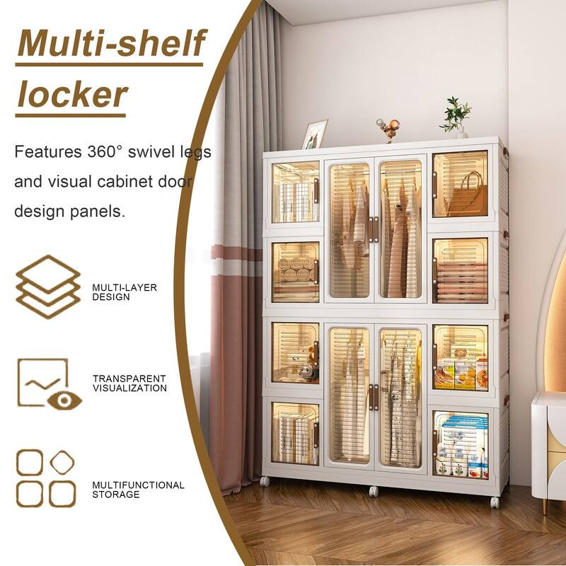 Portable Wardrobe Closet with Magnetic Doors, 12 Cubes & Hanging Rods, 16 Hangers Included - White
