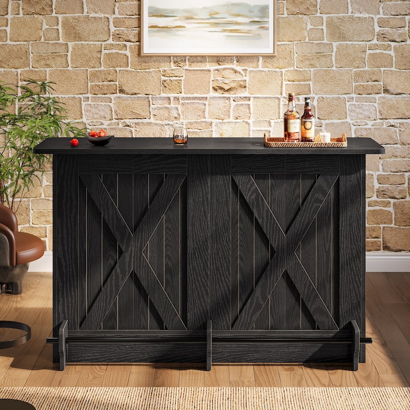 2-Tier Bar Table with Footres, Rustic Brown Bar Cabinet Height Pub - N/A - Black