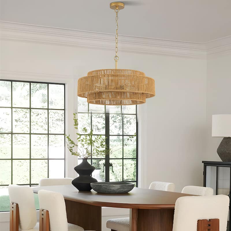 Starsky 4-Light 23inch Rattan Tiered Bohemian Light Fixture Drum Chandelier