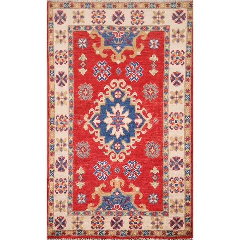 Red Geometric Kazak Foyer Rug Hand-Knotted Wool Carpet - 1'11" x 3'2"