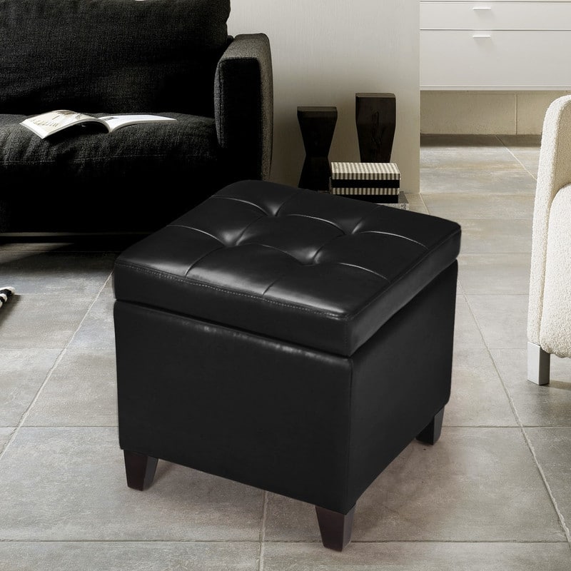 Adeco Bonded Leather Square Tufted Cubic Cube Storage Ottomans - Black
