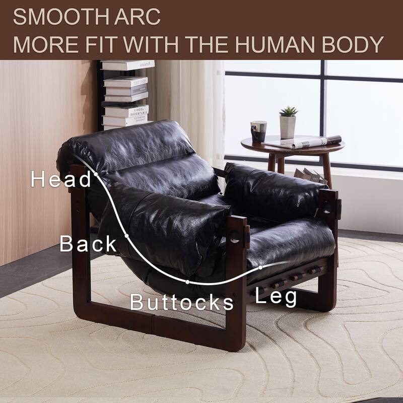 Lounge Chair Oil Wax Leather Sofa Chair with Removable Armrests, Rubber Wood Decorative Chair for Living Room