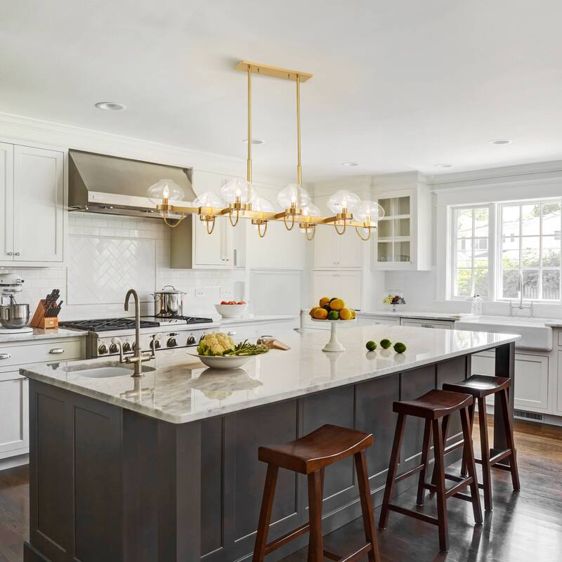 8-Light Modern Transitional Linear Kitchen Island Pendant Candle Clear Glass Globe Bubble Chandelier