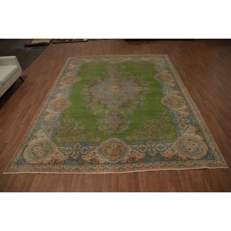Hand Knotted Oriental 100% Wool Carpet Traditional Floral Green Tabriz Area Rug - 12' 10'' X 10' 0''