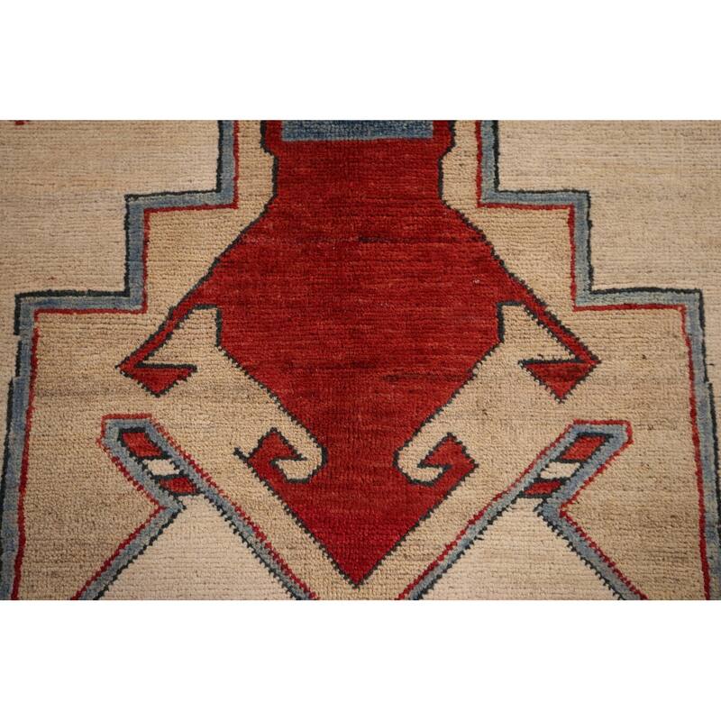 Geometric Beige Kazak Oriental Rug Hand-Knotted Bedroom Wool Carpet - 5'0" x 6'6"